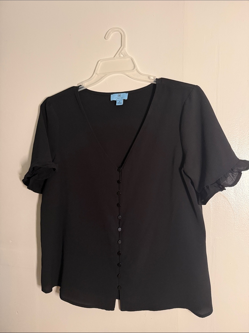 CeCe Black Ruffle Sleeve V-Neck Button Front Blouse Size M